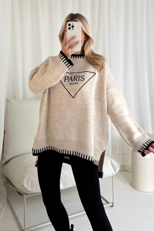 Paris triangle embroidered cream knit jumper