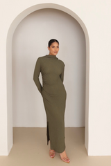 Nola khaki crinkle jersey midi dress
