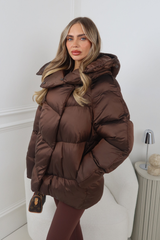 CARMILLA CHOCOLATE HIGH COLLAR SHINE FINISH HOODED PUFFER COAT