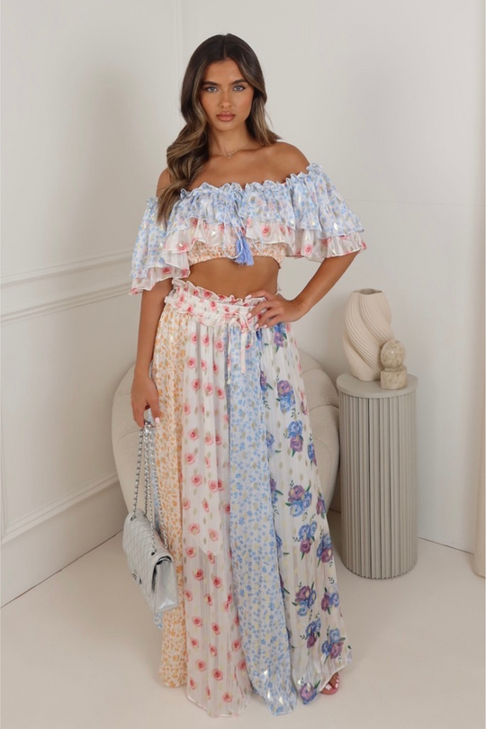 Taya blue floral bardot top & maxi skirt co ord