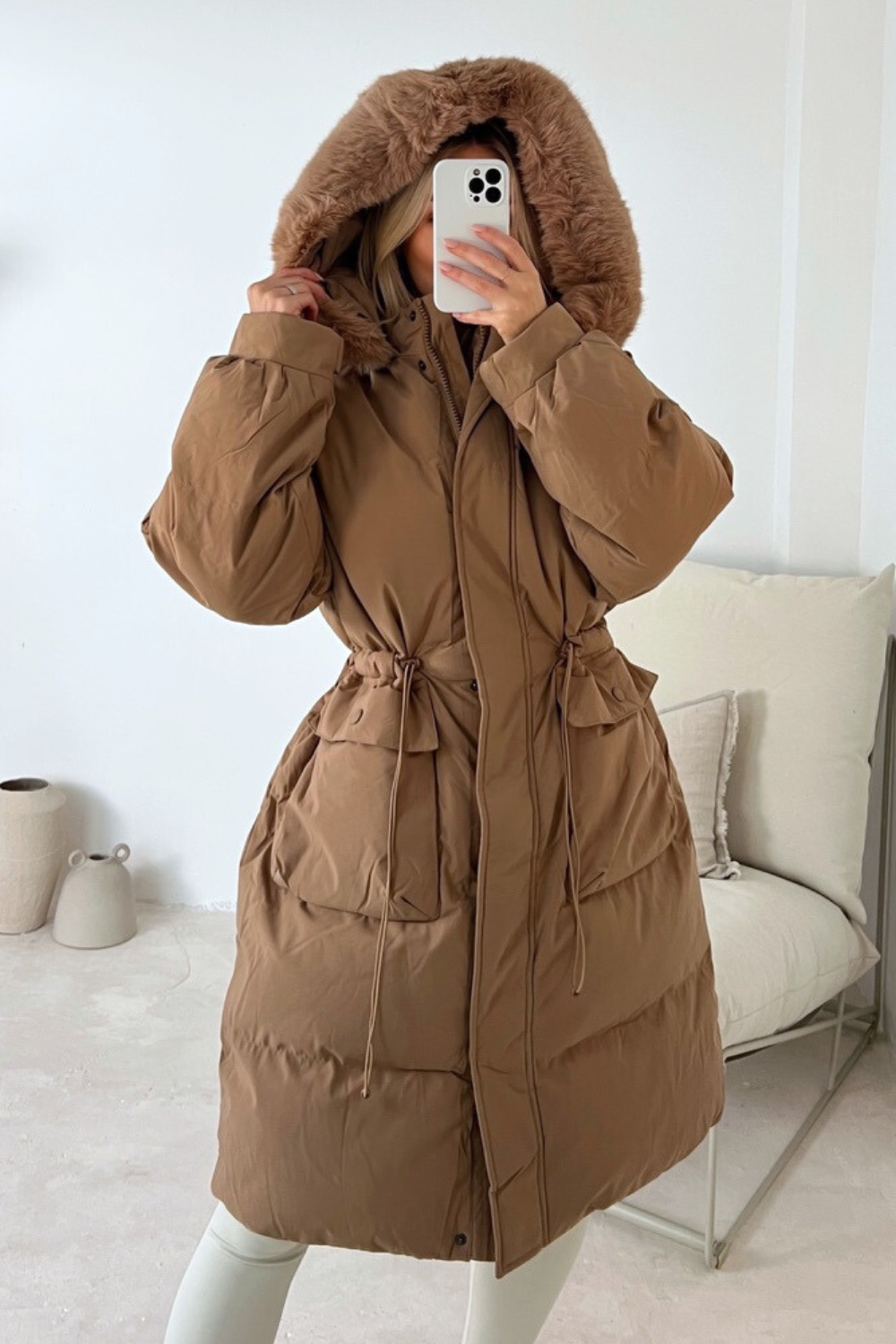 Camel color puffer coat sales
