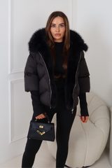 Verity black hooded puffer coat with faux fur trim