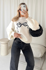 Bow embroidered cream knit sweater
