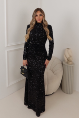 CHRISHELL BLACK SEQUIN HIGH NECK LONG SLEEVE MAXI DRESS