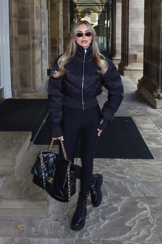GRACE BLACK FITTED ZIP UP CROPPED PUFFER JACKET