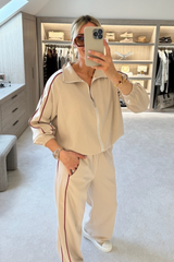 Lauren beige contrast piping zip jacket & trouser loungewear