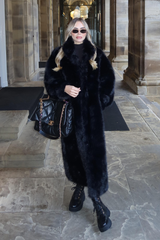 ELLE BLACK COLLARED MAXI LENGTH FAUX FUR COAT