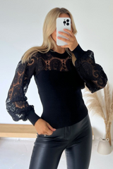 Hailey black jumper with sheer lace sleeves