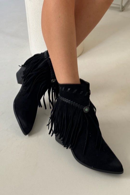 Winnie black short fringe cowboy boots