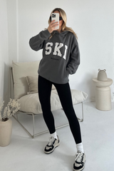 Ski resort steel grey embroidered applique relaxed hoodie