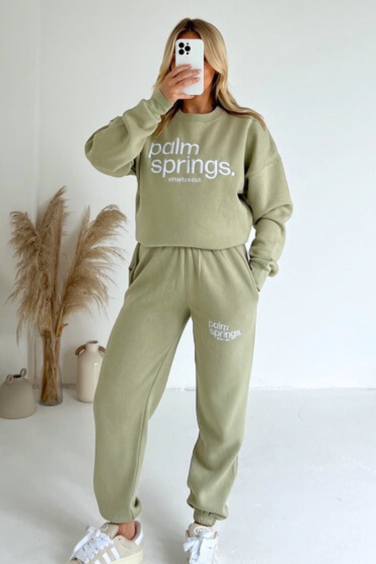 Palm Springs sage embroidered sweater joggers premium loungewear