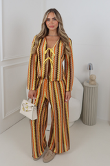 ORLANDO ORANGE MULTI STRIPED FRONT TIE TOP AND PANTS CO ORD