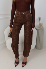 MELINA BROWN DEER PRINT DENIM BARREL LEG JEANS