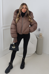 MIA TAUPE CROPPED PUFFER JACKET WITH DETACHABLE HOOD