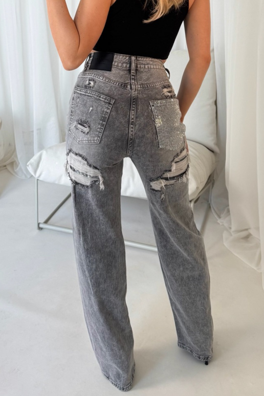Jasmine grey denim diamante pocket wide leg jeans