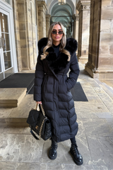 Delphine Black Long Faux Fur Collar Puffer Jacket