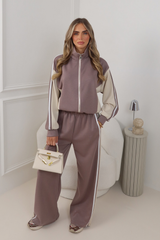 PIA MAUVE CONTRAST ZIP UP JACKET AND WIDE LEG JOGGER CO ORD