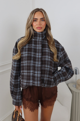 LEYA CHOCOLATE AND BLUE CHECK HIGH NECK ZIP UP JACKET
