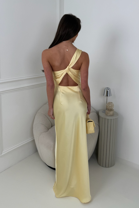 MARIA LEMON LONG SATIN DRESS WITH BACK DETAILING