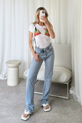 Multi colour bra print white baby tee