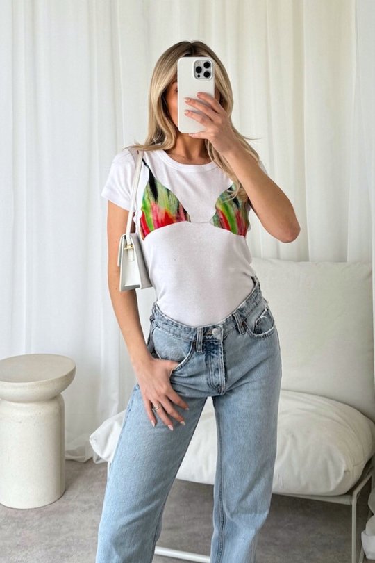 Multi colour bra print white baby tee