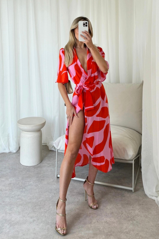 Faye pink abstract pattern wrap dress