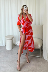 Faye pink abstract pattern wrap dress