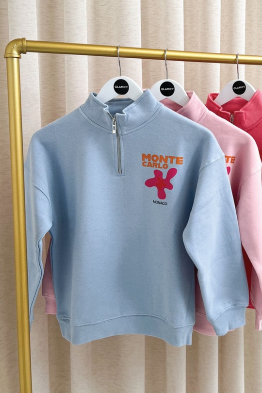Mini monte carlo baby blue printed 3/4 zip sweater