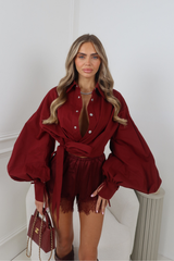 LEILA BURGUNDY CROPPED TIE FRONT BUTTON UP SHIRT