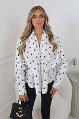 AMIE WHITE POLKA DOT PLEATED V NECK SHIRT