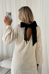 Terri cream velour sequin bow shift dress