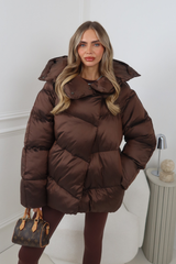 CARMILLA CHOCOLATE HIGH COLLAR SHINE FINISH HOODED PUFFER COAT