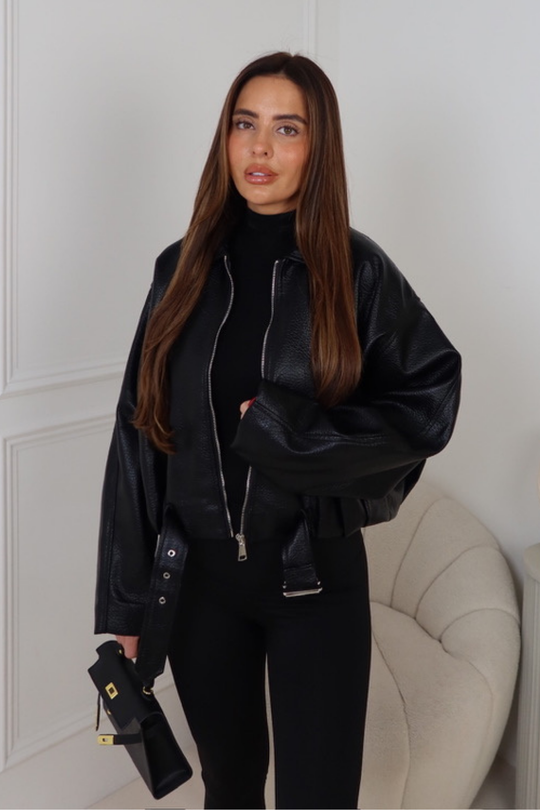 AISA BLACK FAUX LEATHER COLLAR ZIP JACKET