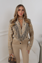 JENNA BEIGE BANDANA PRINT KNIT TASSEL CARDIGAN