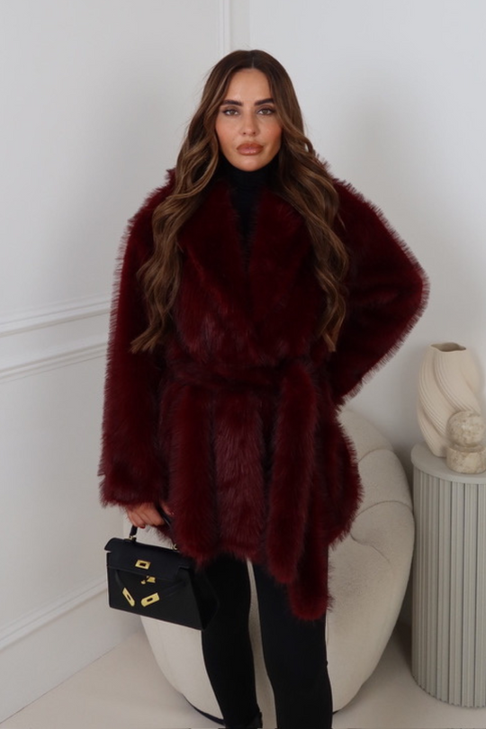 Racheal burgundy faux fur coat