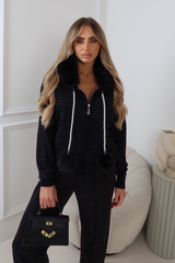 ALAI BLACK DIAMANTE KNITTED FAUX FUR HOODED ZIP JACKET
