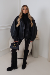 JOEJOE BLACK LEATHER FAUX LEATHER BELTED  JACKET