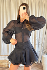 Nalani black sheer button up shirt & frill skirt co ord