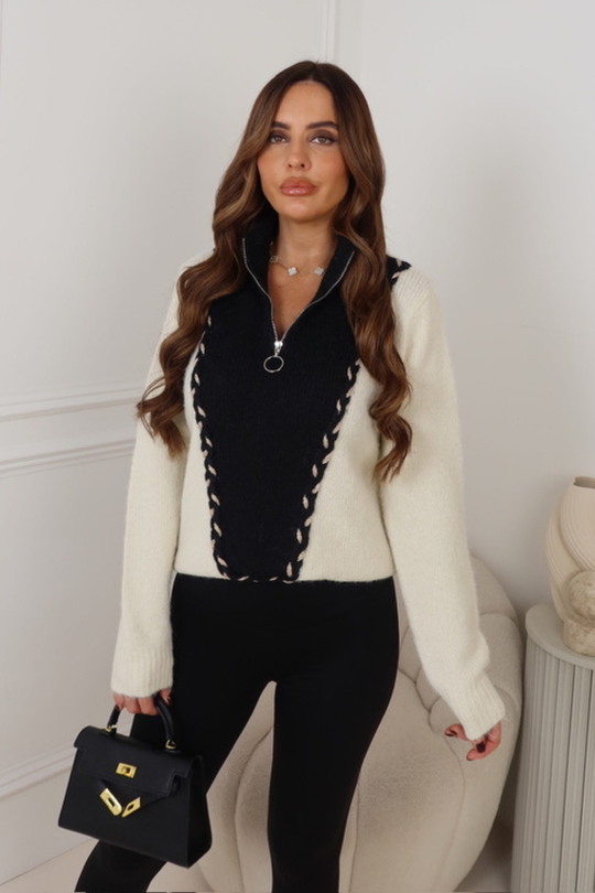 MCQUIN BLACK KNITTED HALF ZIP JUMPER