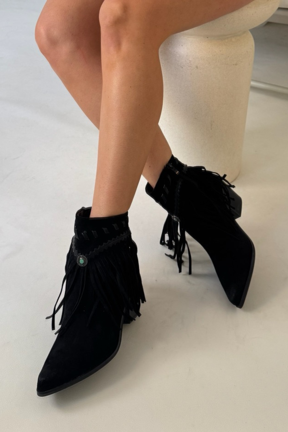 Winnie black short fringe cowboy boots – Glamify Famous For Loungewear