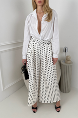 ADIBA WHITE POLKA DOT BELTED STRAIGHT LEG TROUSERS