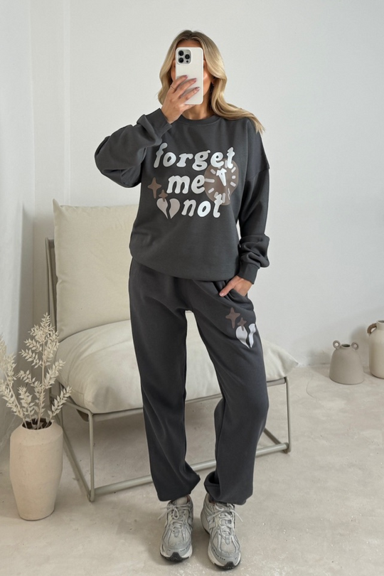 Forget me not steel grey printed sweater joggers premium loungewear