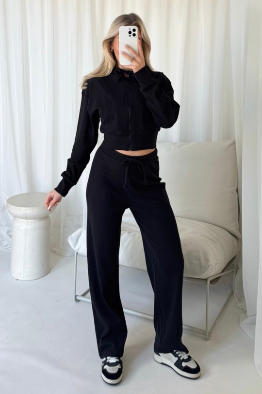 Becky black ribbed cropped jacket & wide leg trousers