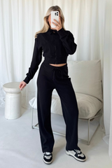Becky black ribbed cropped jacket & wide leg trousers