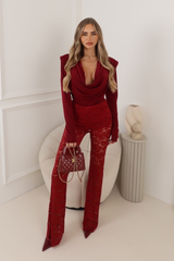 BETTE BURGUNDY DRAPE LONG SLEEVE SHOULDER PADDED TOP