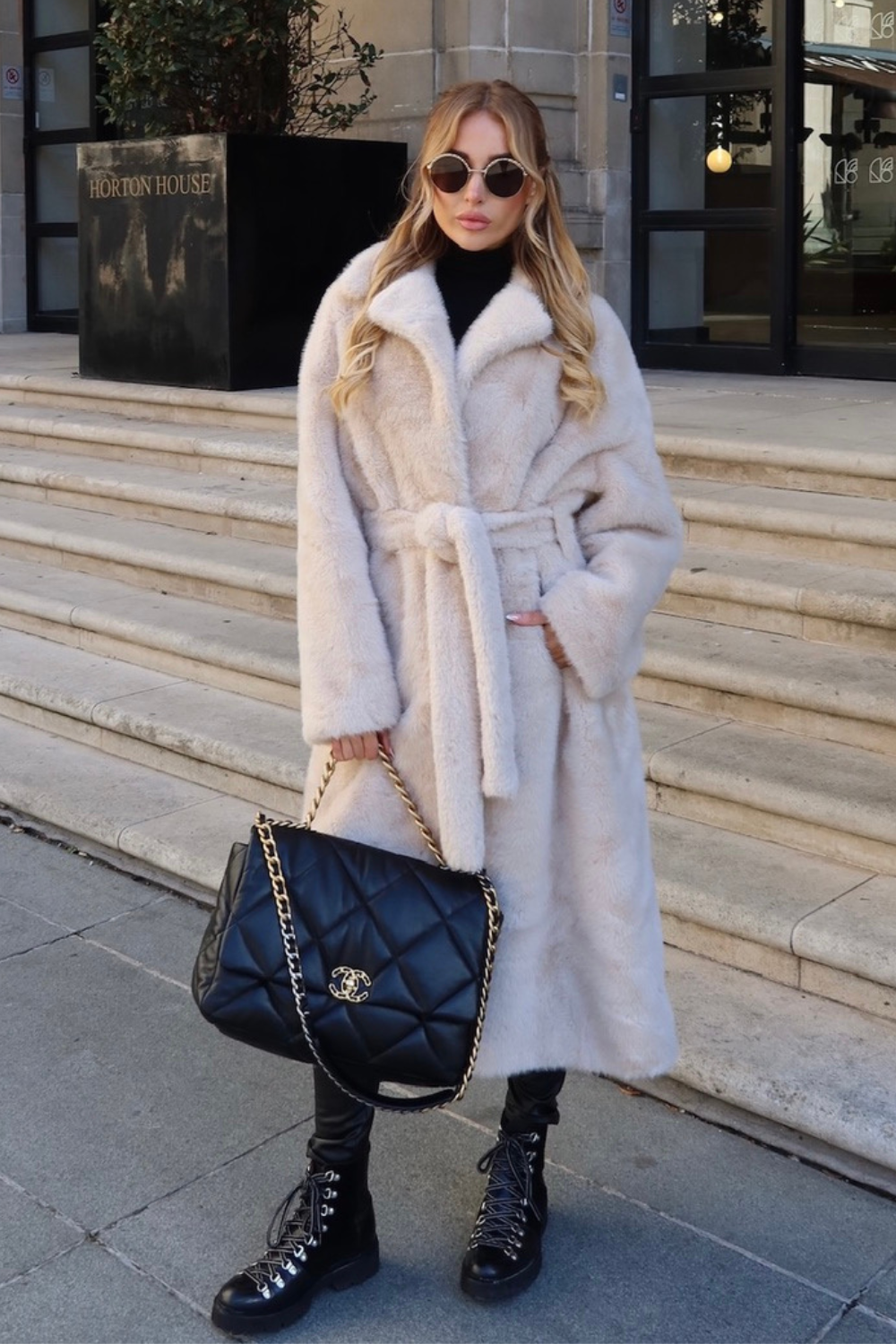 Zhuri cream belted long faux fur coat