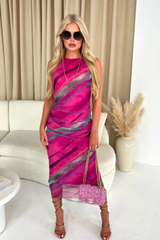 Evie Turquoise & purple Printed Mesh Midi Dress