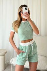 Candice mint green contrast waistband shorts and crop top co-ord