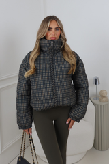 RAINA BLUE AND BROWN CHECK PUFFER JACKET