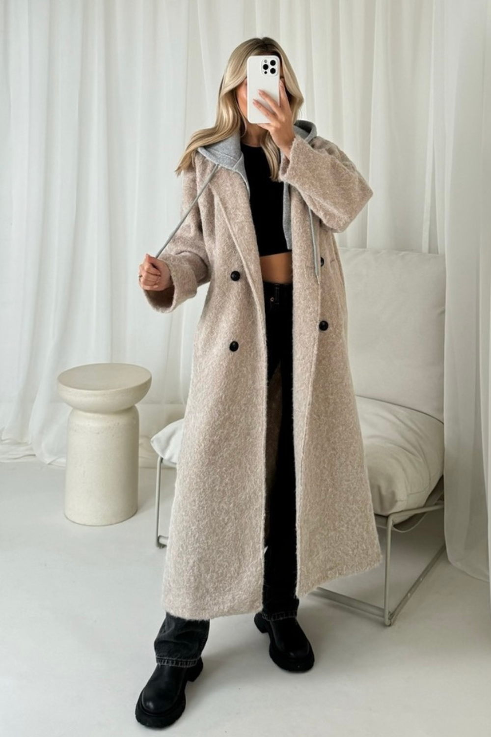 Demi cream hooded longline coat Glamify Famous For Loungewear